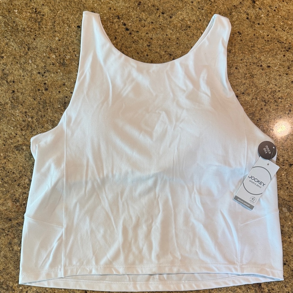 Jockey Women's Classic White Athletic Tank with Built in Bra, Racerback, XL, NWT